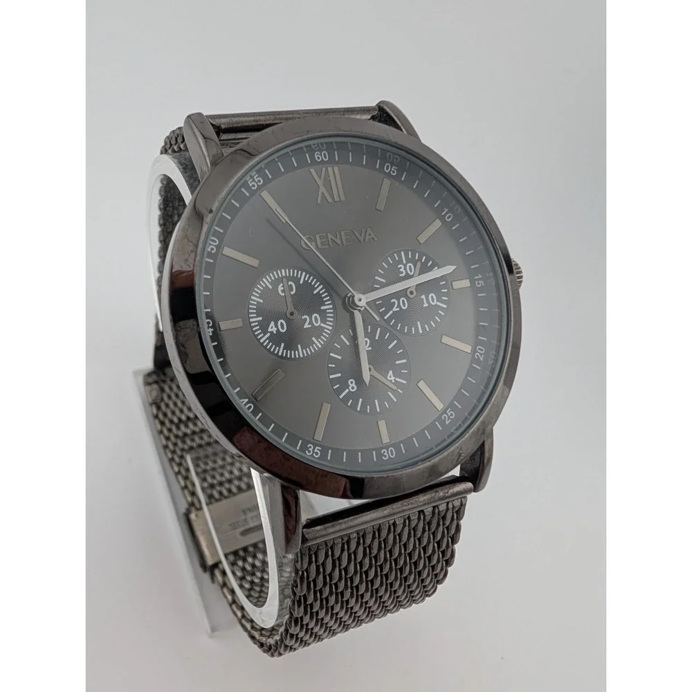 Geneva Watch‎ Men 42mm Case Gunmetal Tone Mesh Metal Band w/ Box- New Battery